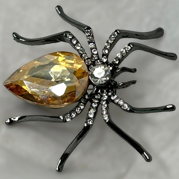 Champagne Crystal Spider Pin Brooch Amber Rhodium Plated Brass 2" Gothic Emo‎ - Picture 7 of 7